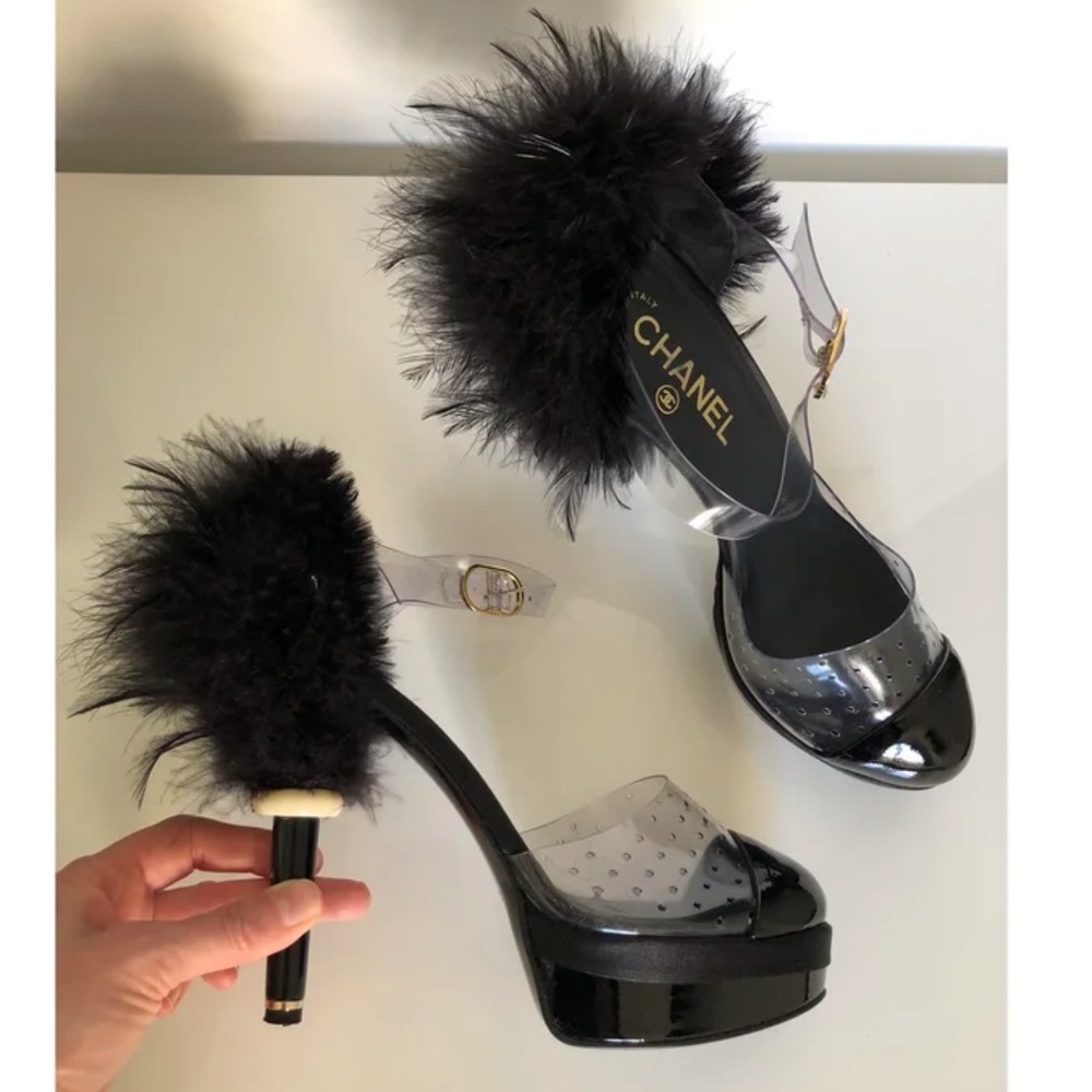 CHANEL Black and Clear Patent Leather Heels